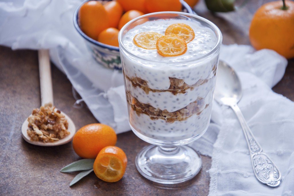 Healthy breakfast - Chia Seed Pudding with kumquats and granola