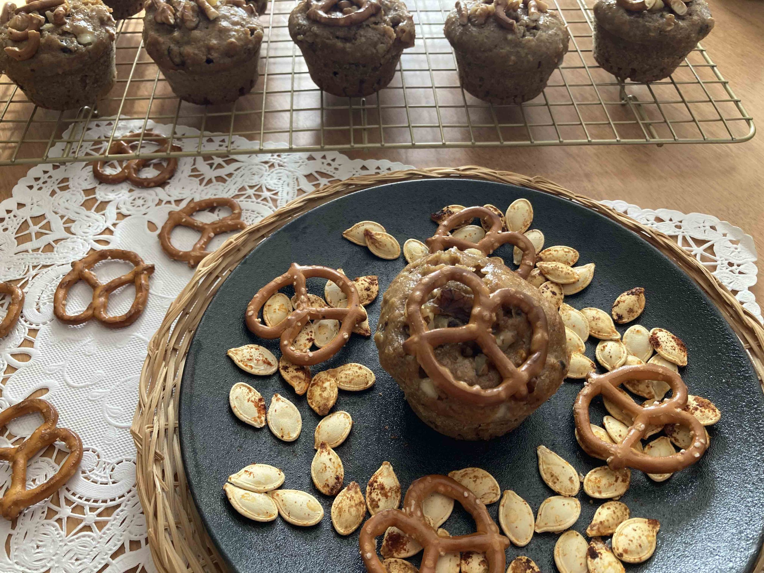 Pumpkin Muffins with Walnut, White Chocolate and Pretzel